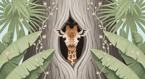 Detailed jungle giraffe mural wallpaper design pattern with tropical foliage by Kids-Mundo