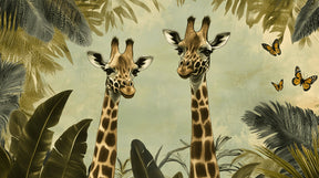 Detailed vintage jungle giraffe mural wallpaper design pattern with golden butterflies by Kids-Mundo