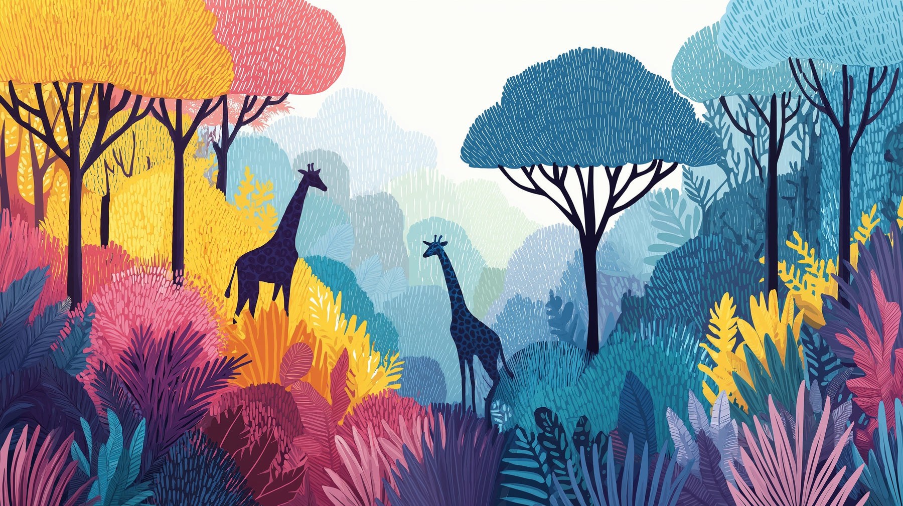 Detailed jungle giraffe mural wallpaper design pattern showing safari animals and foliage