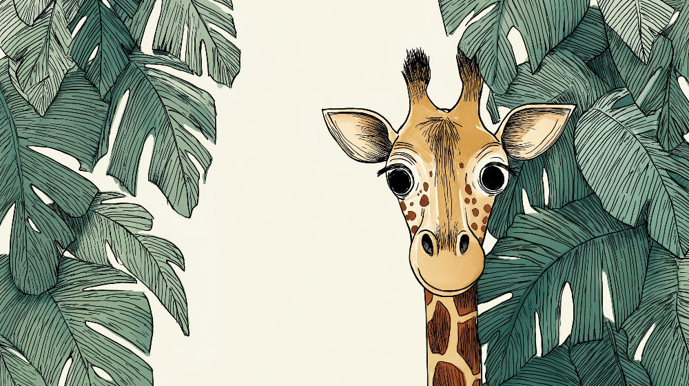 Detailed jungle giraffe mural wallpaper design pattern with tropical palm leaves by Kids-Mundo