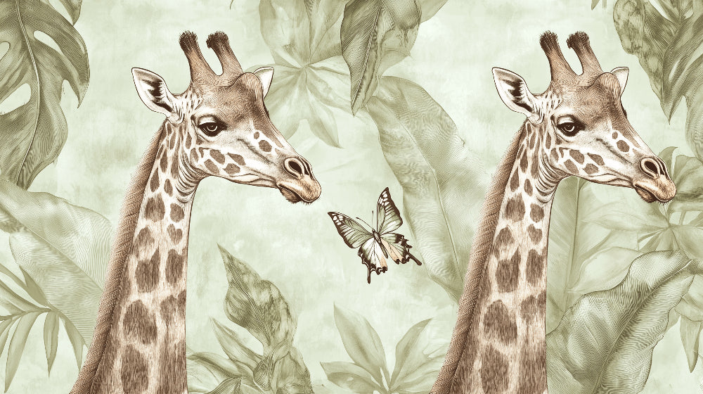 Detailed vintage jungle giraffe mural wallpaper design pattern with tropical leaves by Kids-Mundo