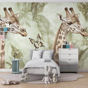 Safari themed children's bedroom featuring elegant giraffe wallpaper with tropical foliage decor