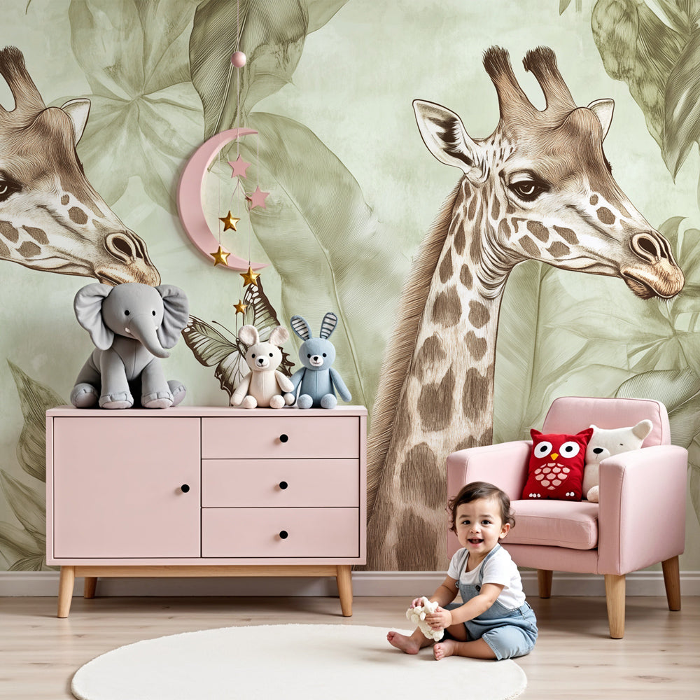 Vintage jungle giraffe mural wallpaper in modern nursery with natural wood furniture by Kids-Mundo