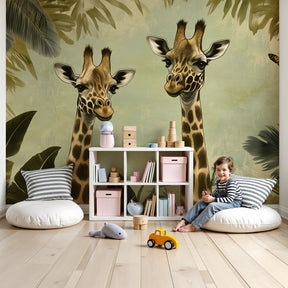 Vintage jungle giraffe mural wallpaper creating safari nursery decor with natural wood furniture by Kids-Mundo