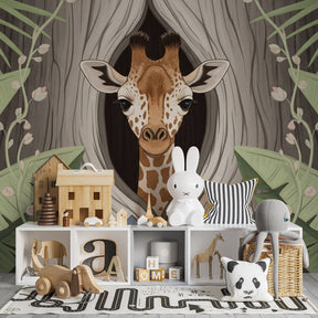 Safari animal mural wallpaper with hidden giraffe design for kids playroom by Kids-Mundo