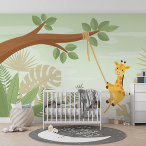Safari animal mural wallpaper featuring smiling giraffe in children's playroom by Kids-Mundo