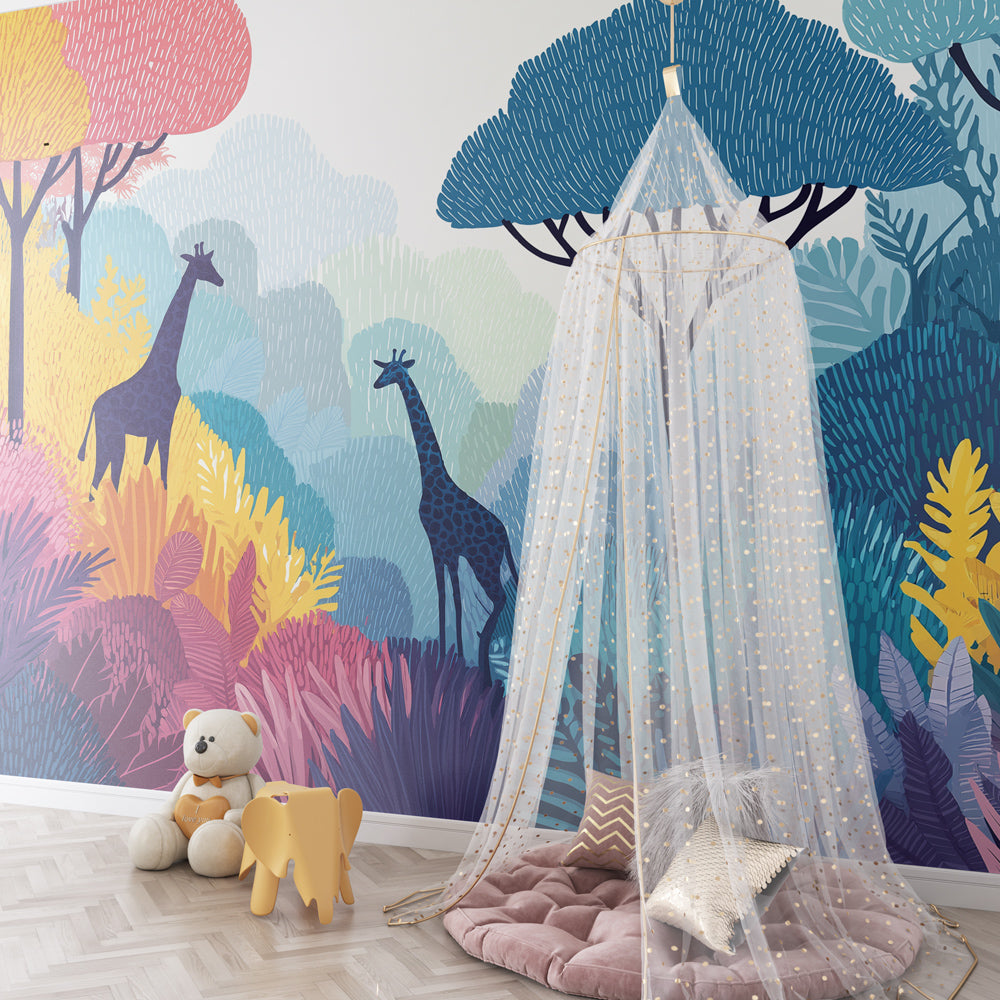 Colorful giraffe jungle wallpaper in modern children's playroom setting by Kids-Mundo