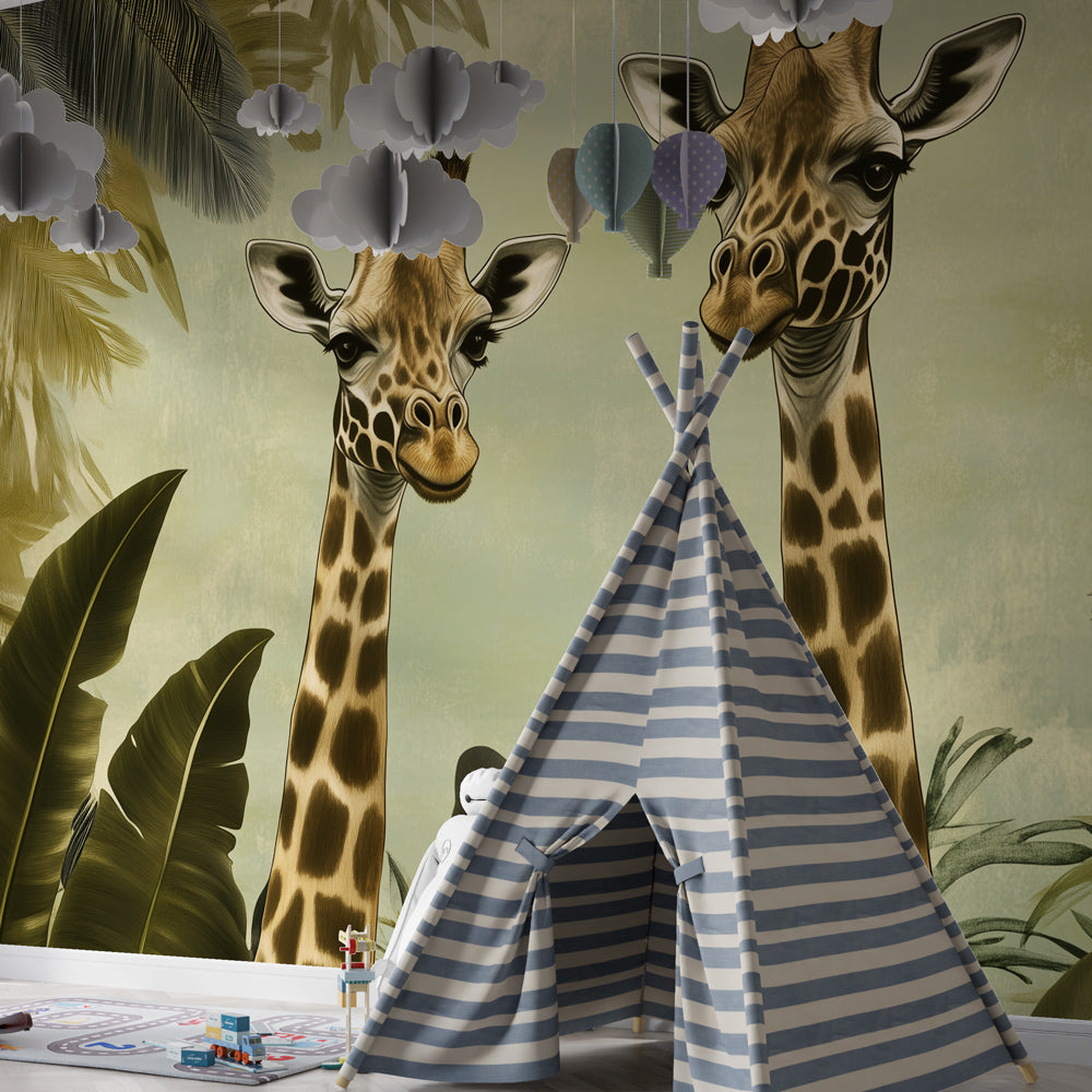 African safari mural wallpaper for children's playroom featuring gentle giraffes and tropical plants by Kids-Mundo