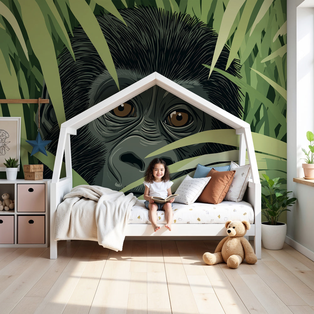 Jungle gorilla mural wallpaper creating adventurous atmosphere in modern kids bedroom by Kids-Mundo