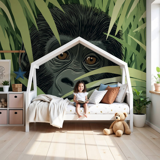 Jungle gorilla mural wallpaper creating adventurous atmosphere in modern kids bedroom by Kids-Mundo