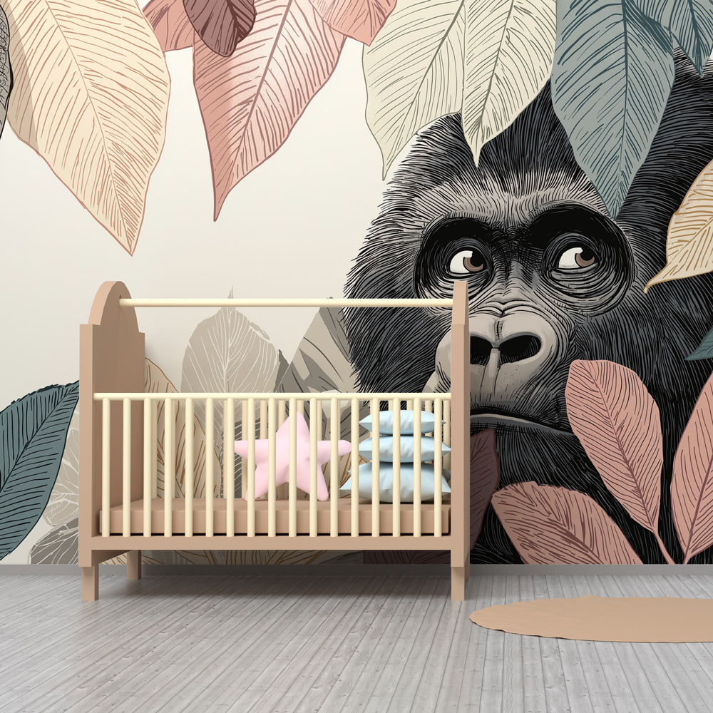 Tropical gorilla wallpaper creating adventurous atmosphere in children's bedroom decor