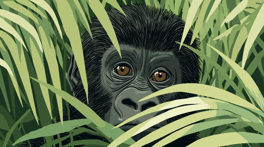 Detailed jungle gorilla mural wallpaper design pattern showing hidden primate among tropical leaves by Kids-Mundo