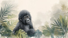 Detailed baby gorilla jungle mural wallpaper design pattern with tropical foliage by Kids-Mundo