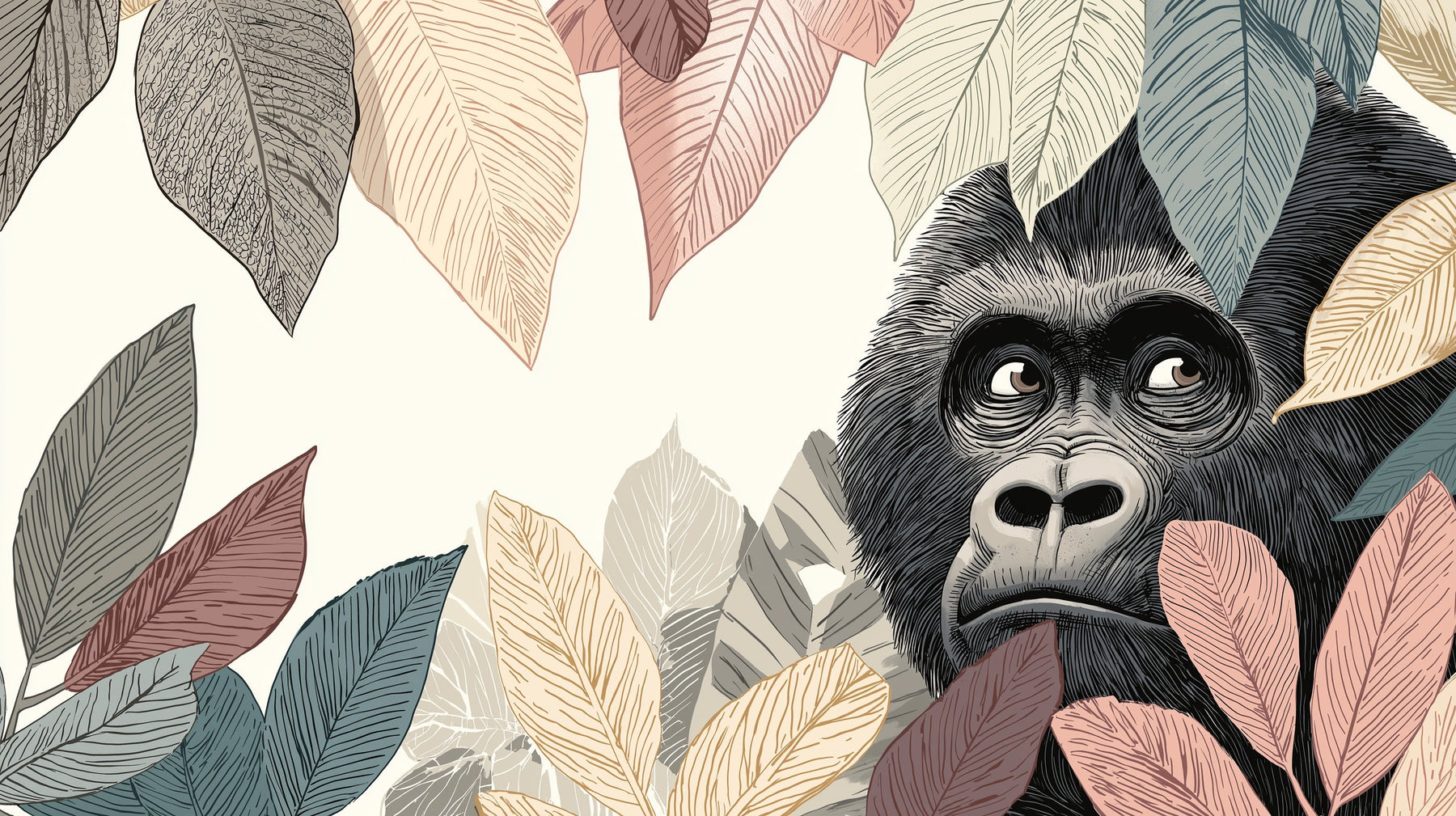 Detailed jungle gorilla with colorful leaves mural wallpaper design pattern by Kids-Mundo