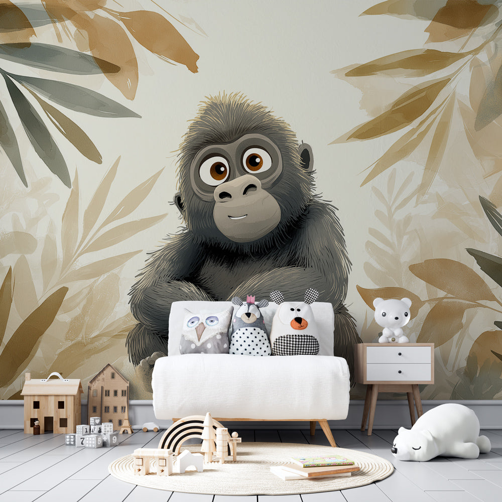 Baby gorilla wallpaper creating adventurous jungle theme in children's bedroom with cozy decor