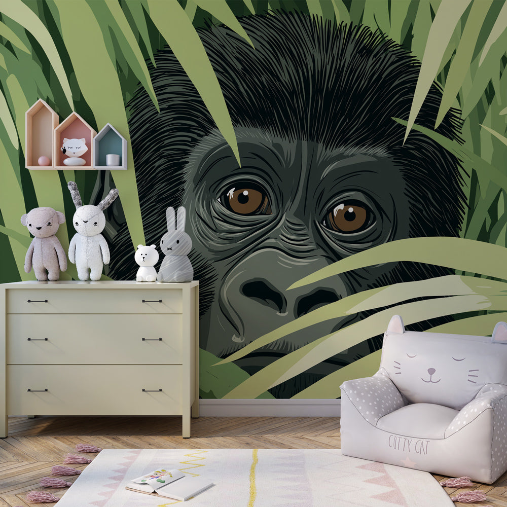 Hidden gorilla wallpaper transforming nursery into tropical jungle sanctuary with lush green foliage