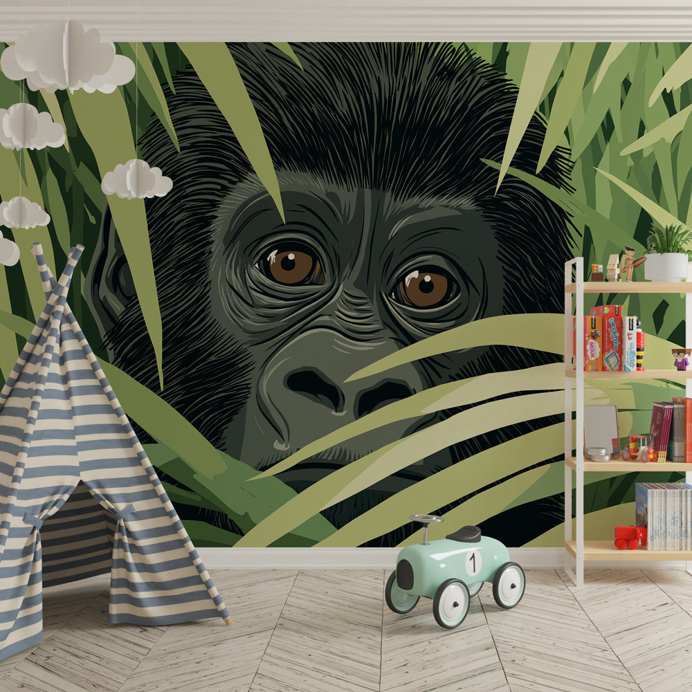 Wildlife themed gorilla mural wallpaper inspiring imaginative play in children's playroom setting