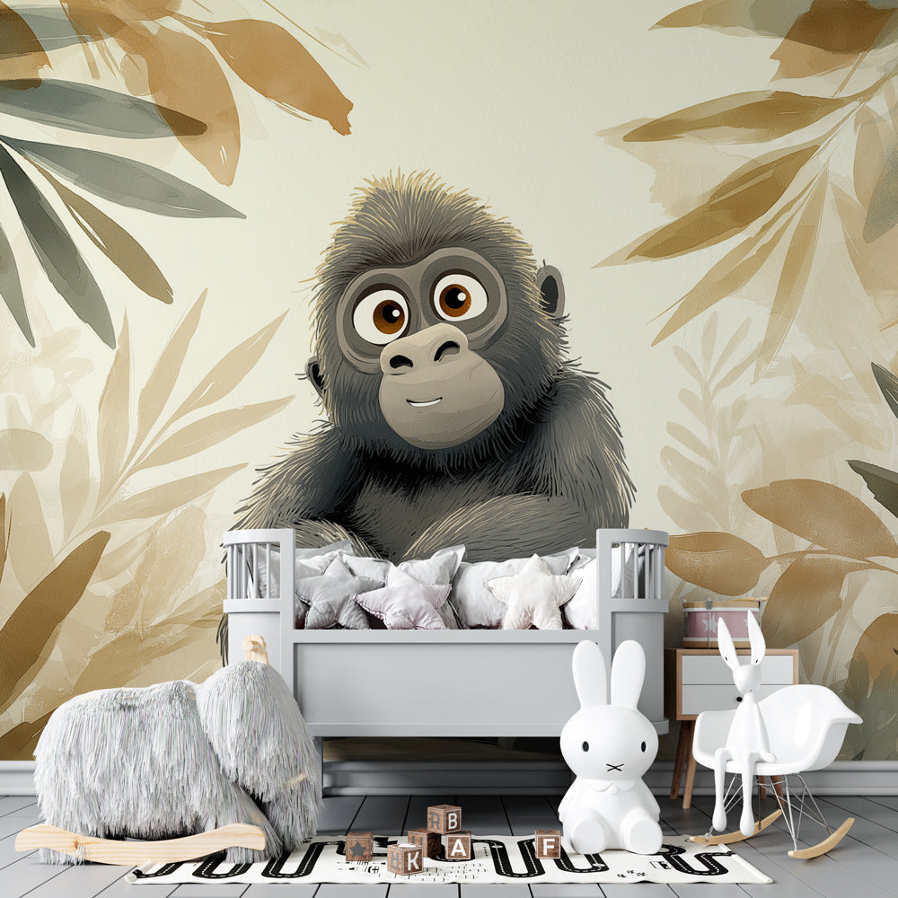 Gentle jungle animal wallpaper transforming kids playroom into tropical adventure space