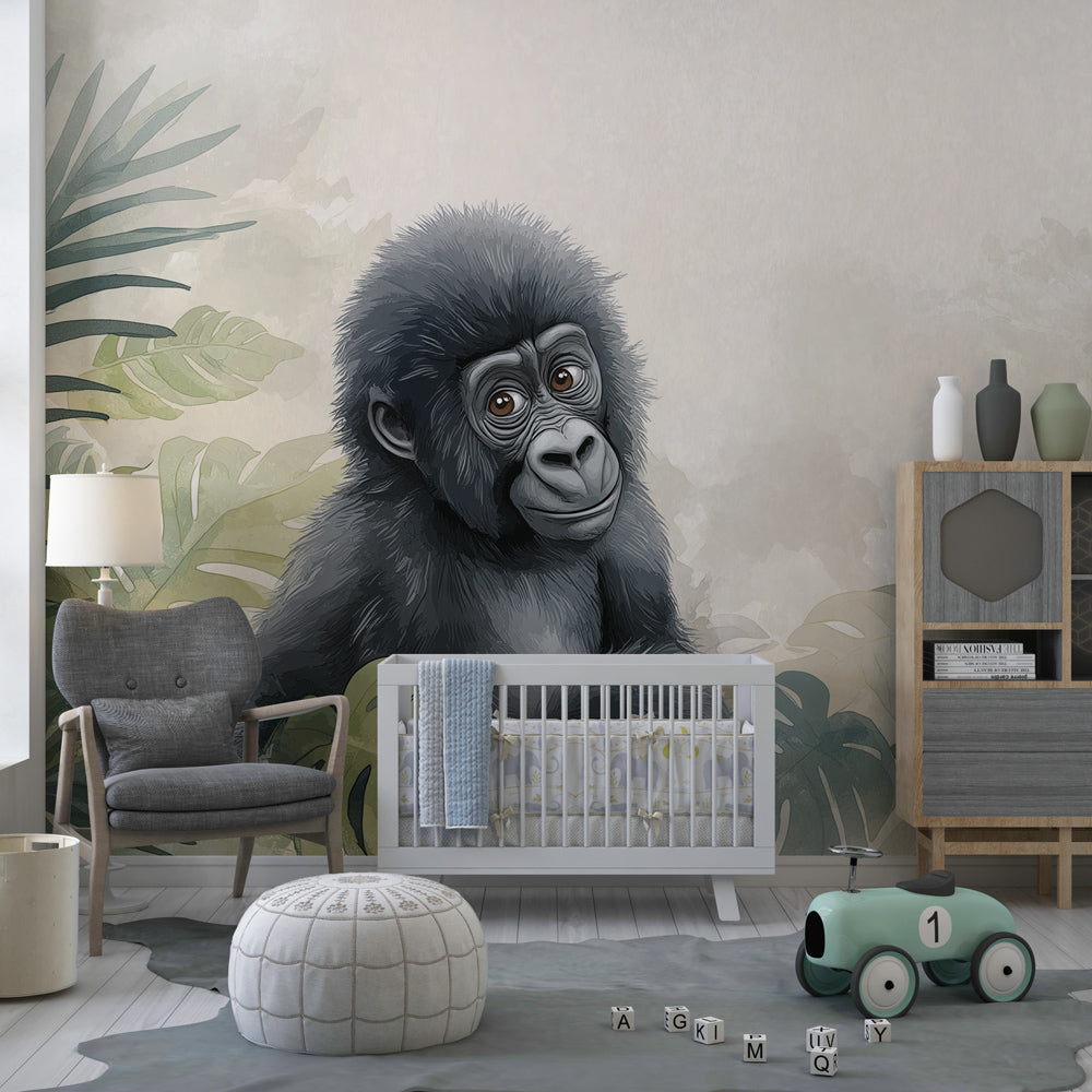 Jungle animal mural wallpaper with baby gorilla in colorful kids playroom setting