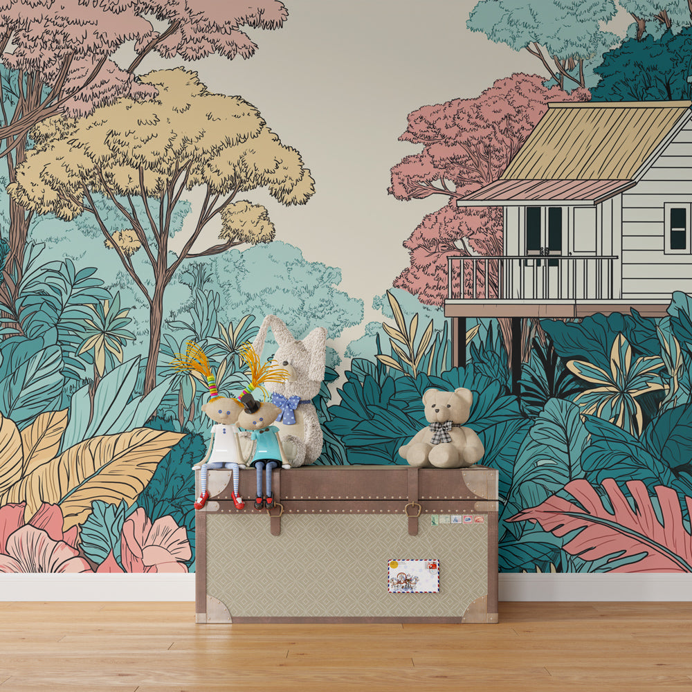 Colorful jungle treehouse wallpaper transforming children's bedroom with natural wooden furniture