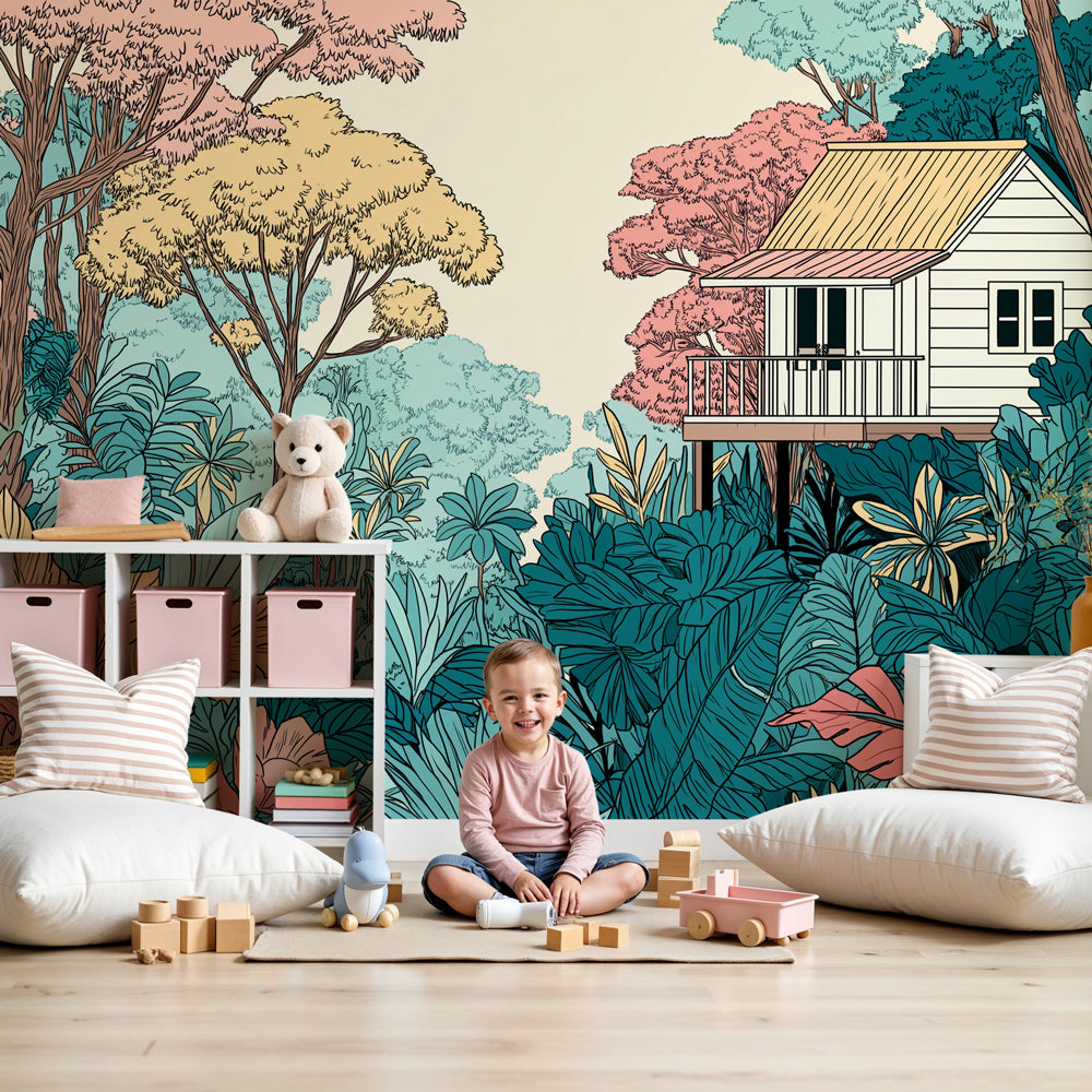 Jungle house mural wallpaper creating tropical adventure theme in bright kids nursery by Kids-Mundo
