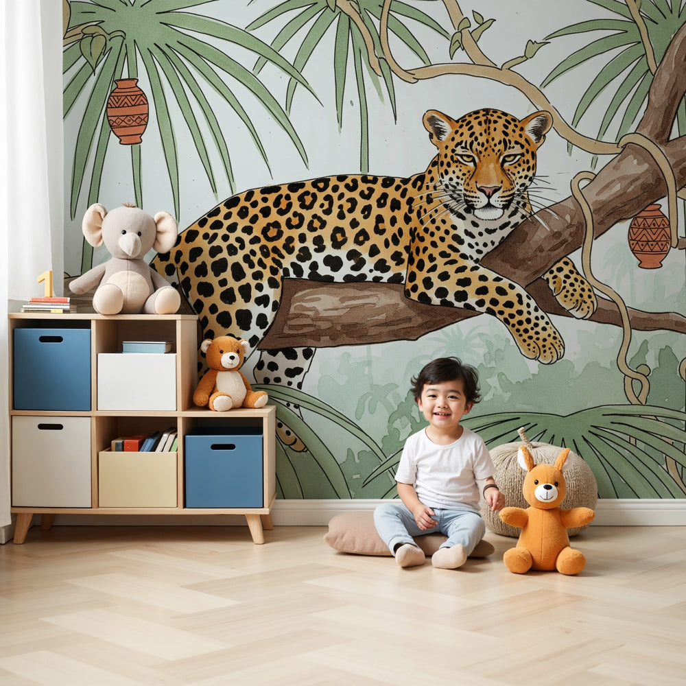 Jungle jaguar mural wallpaper in modern children's bedroom with natural wood furniture by Kids-Mundo