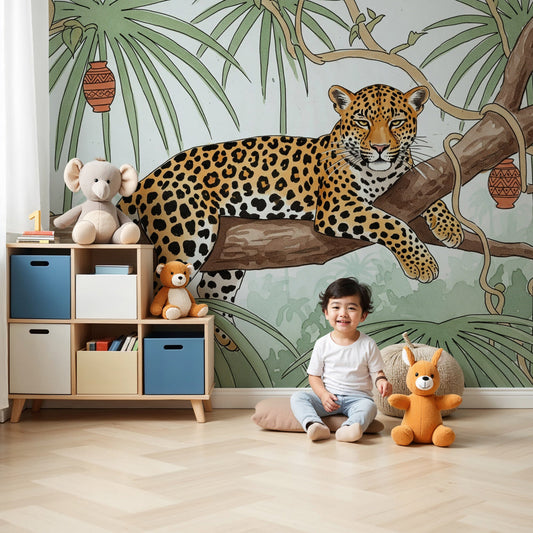 Jungle jaguar mural wallpaper in modern children's bedroom with natural wood furniture by Kids-Mundo