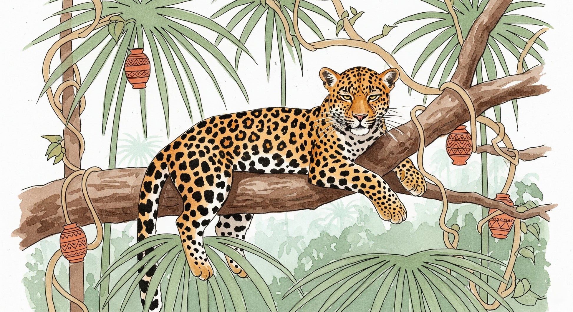 Detailed jungle jaguar mural wallpaper design pattern with tropical foliage by Kids-Mundo