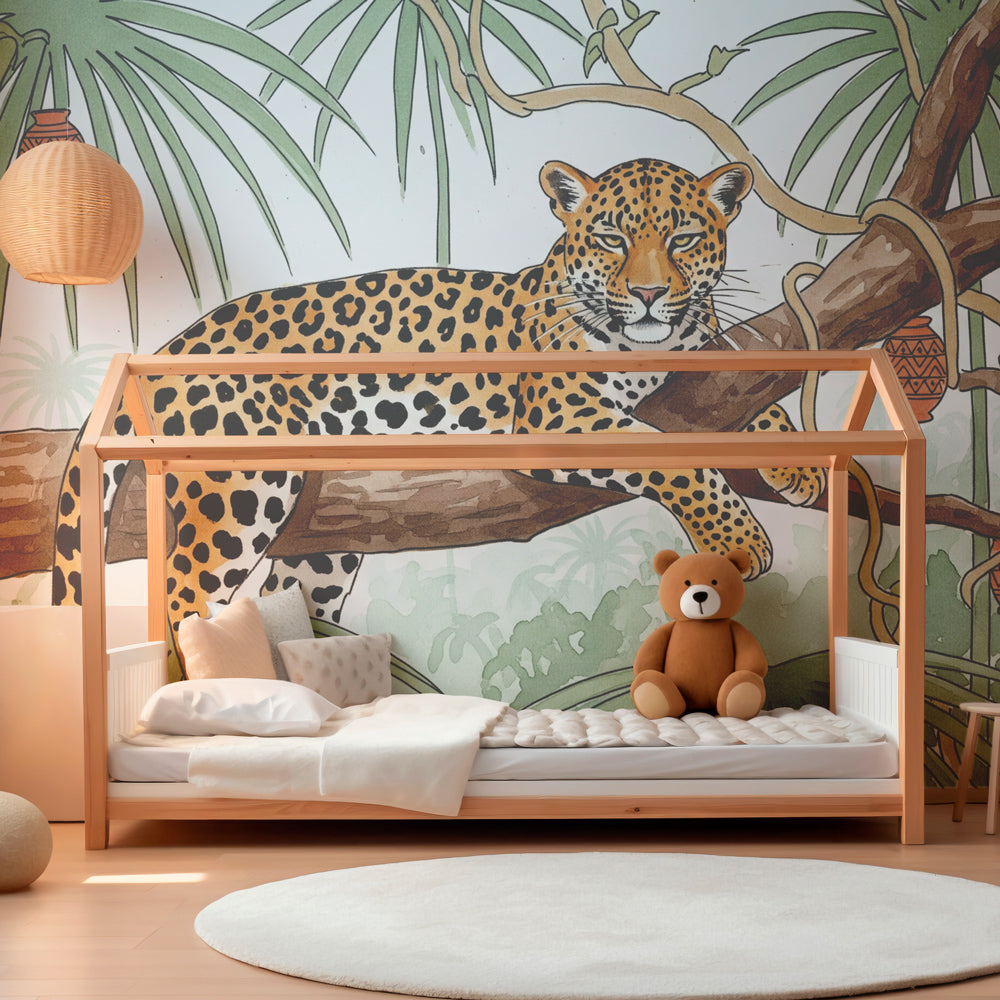 Tropical safari jaguar wallpaper creating adventurous nursery decor with earthy tones