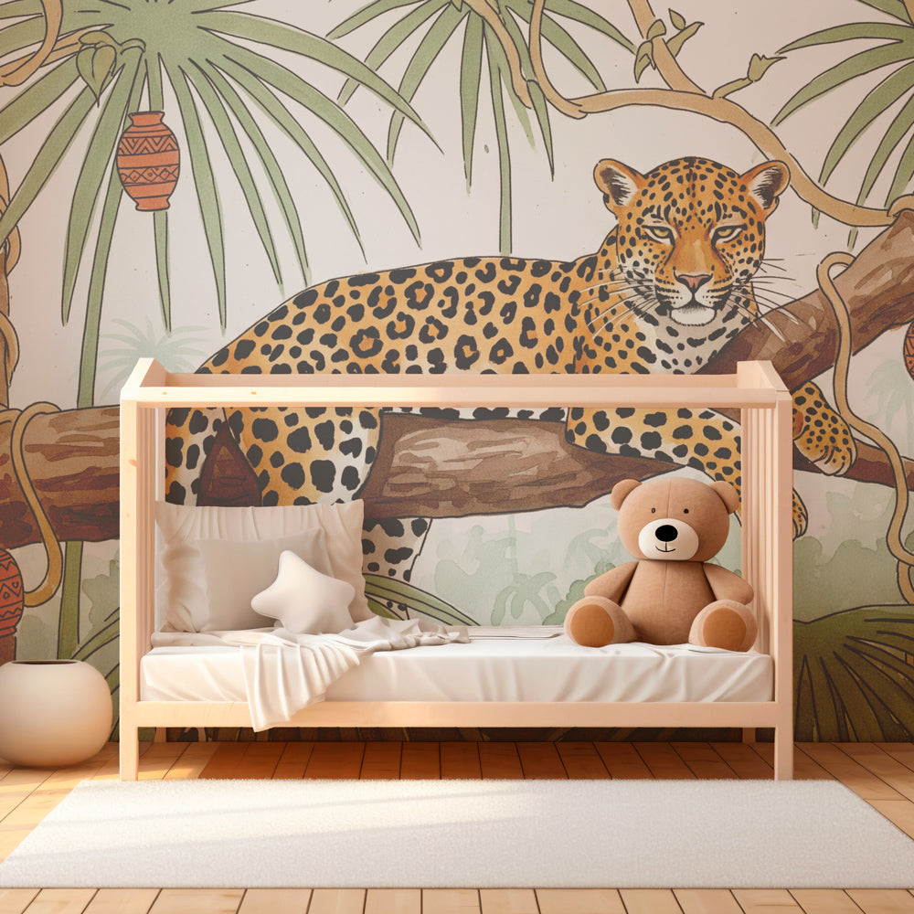 Kids jungle animal wallpaper transforming playroom into tropical adventure space