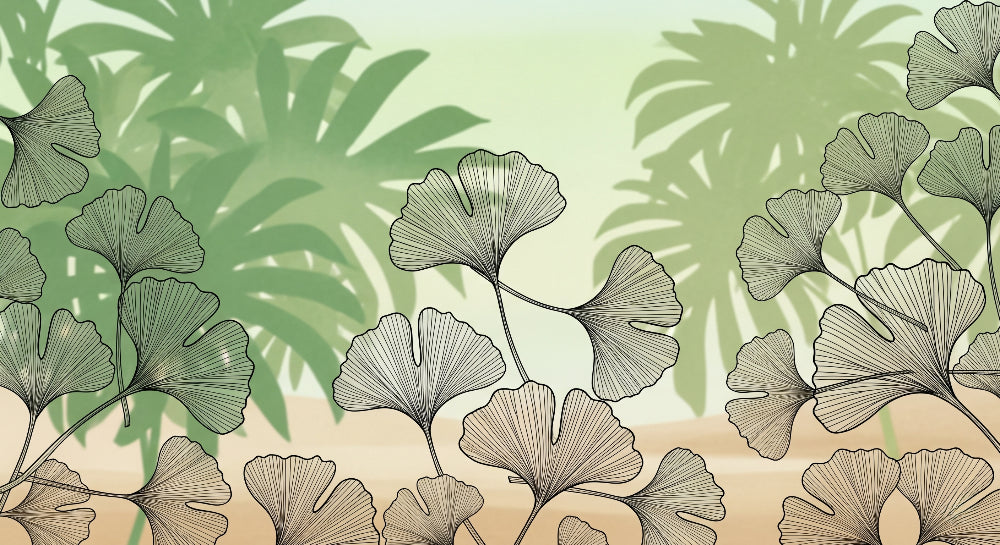 Detailed ginkgo leaves jungle mural wallpaper design pattern with soft green botanical motifs by Kids-Mundo