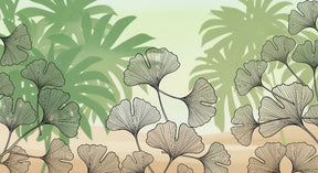Detailed ginkgo leaves jungle mural wallpaper design pattern with soft green botanical motifs by Kids-Mundo