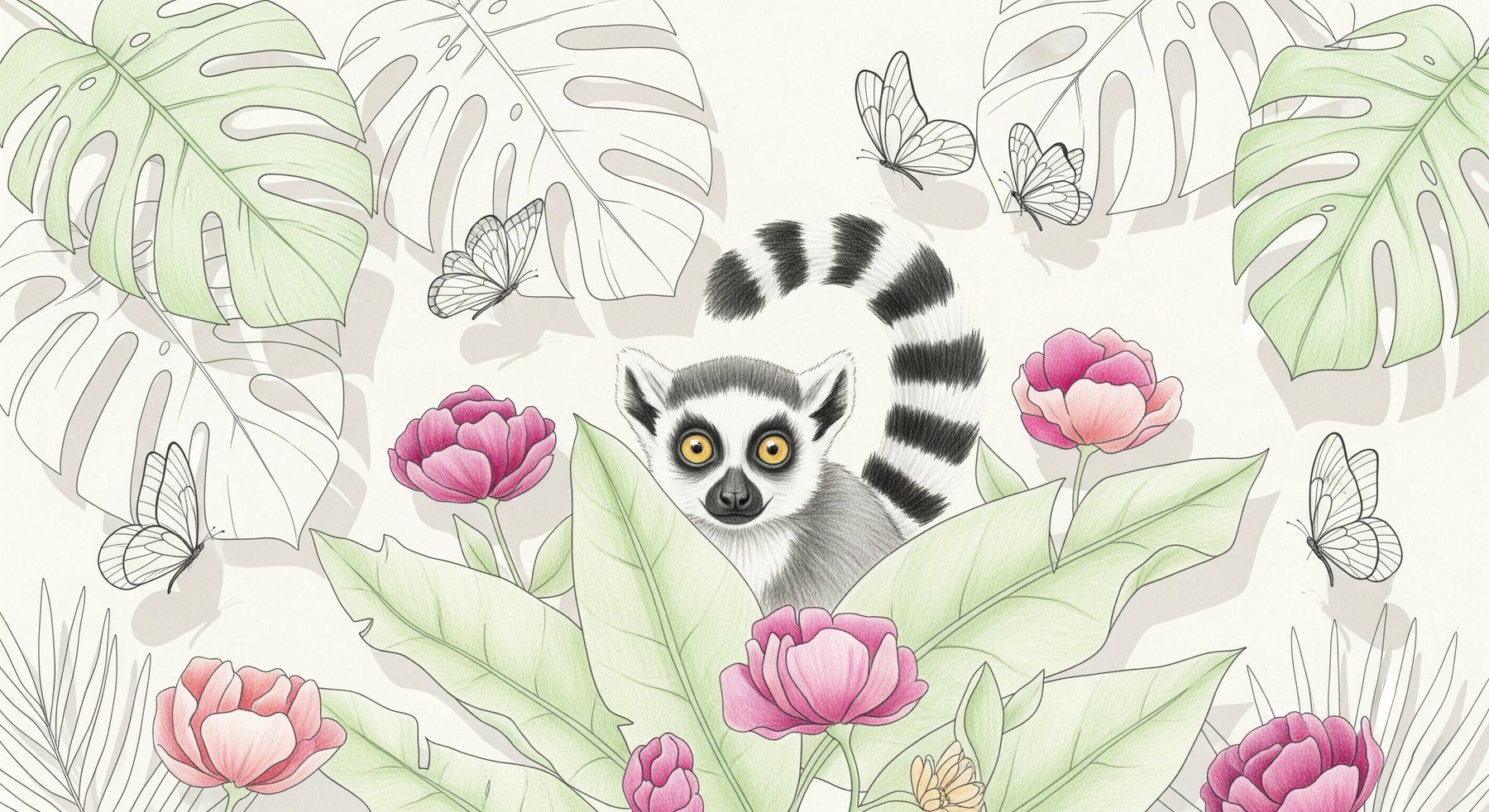 Detailed jungle lemur mural wallpaper design pattern with tropical flowers by Kids-Mundo