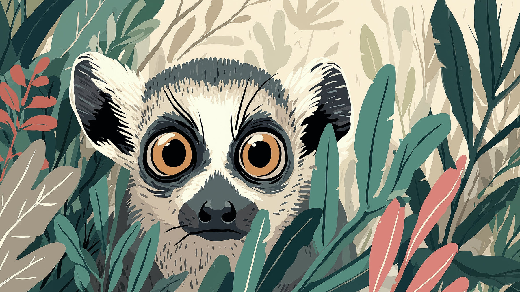 Detailed jungle lemur mural wallpaper design pattern with tropical foliage by Kids-Mundo