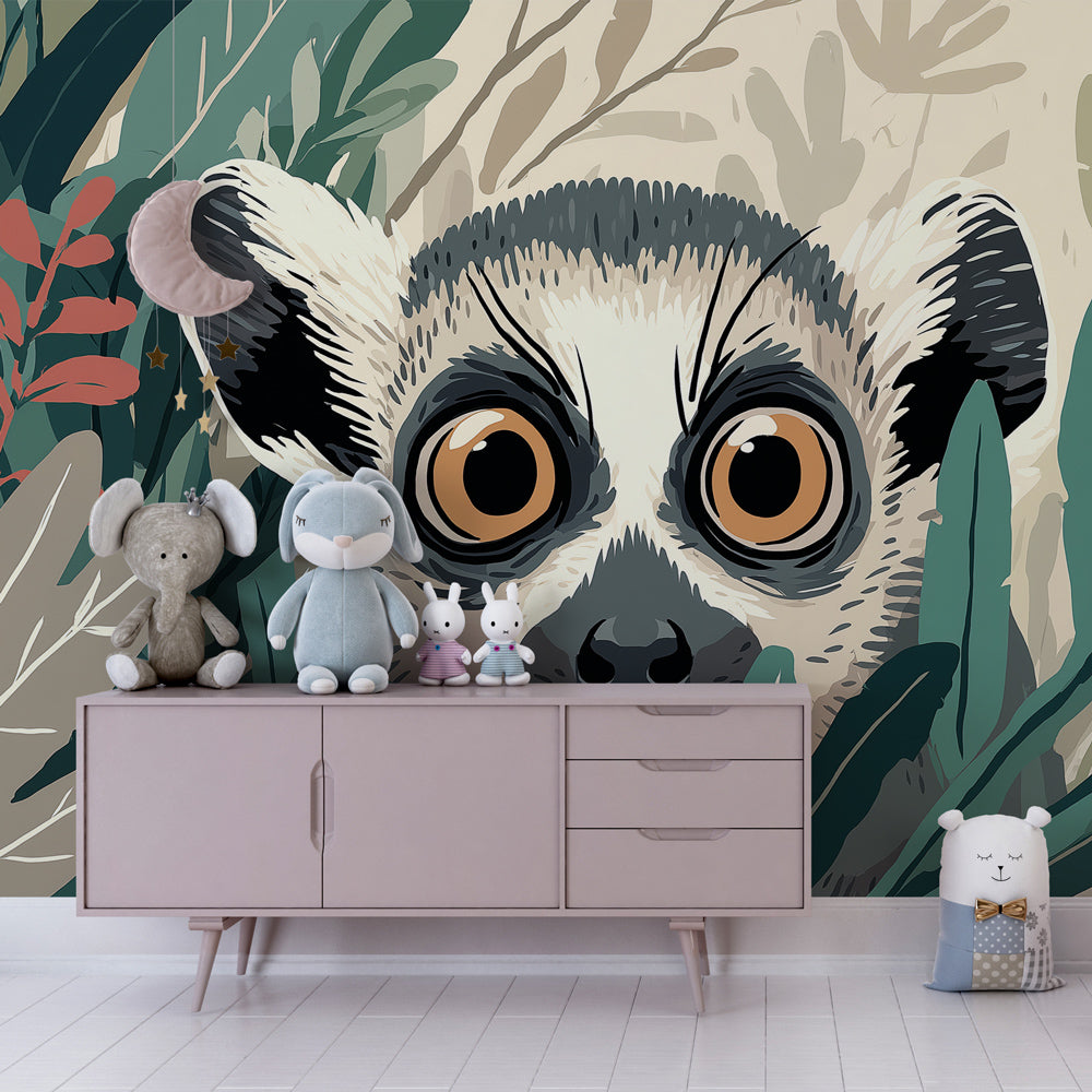 Animal-themed jungle wallpaper with curious lemur in colorful kids playroom setting