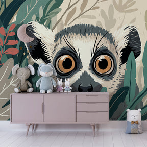 Animal-themed jungle wallpaper with curious lemur in colorful kids playroom setting