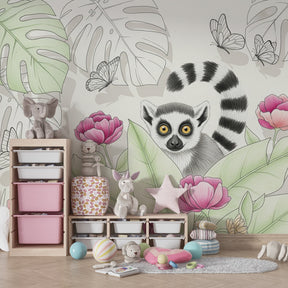 Animal mural wallpaper featuring curious lemur in jungle setting for kids playroom by Kids-Mundo