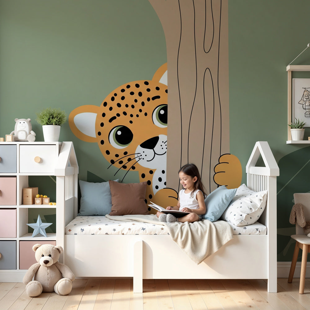 Jungle leopard mural wallpaper in modern baby nursery with wooden crib by Kids-Mundo