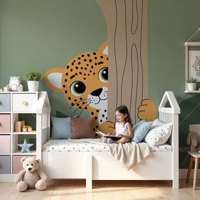 Jungle leopard mural wallpaper in modern baby nursery with wooden crib by Kids-Mundo