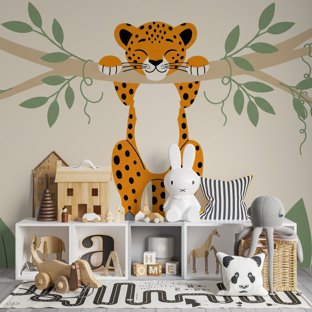 Playful leopard wallpaper creating adventure-themed kids bedroom decor with green foliage