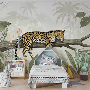 Safari leopard wallpaper transforming kids bedroom into tropical wildlife sanctuary with green foliage