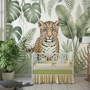 Tropical leopard wallpaper transforming children's bedroom into wildlife sanctuary with natural decor