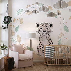 Smiling safari leopard wallpaper creating tropical jungle theme in kids bedroom decor