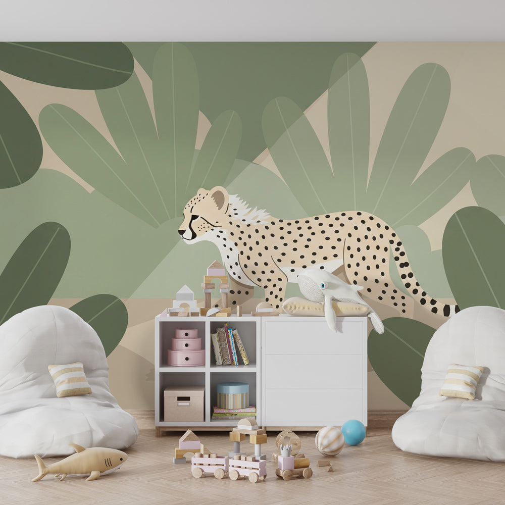 Safari leopard wallpaper with tropical foliage design in children's bedroom decor by Kids-Mundo