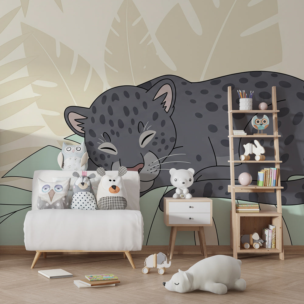 Safari leopard wallpaper transforming kids bedroom into tranquil jungle retreat with tropical foliage