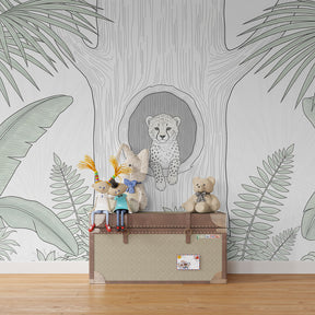 Baby leopard jungle wallpaper transforming modern kids bedroom with lush tropical foliage design