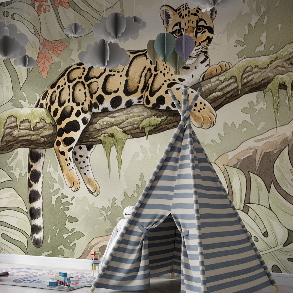 Safari leopard wallpaper creating adventurous kids bedroom with tropical jungle theme