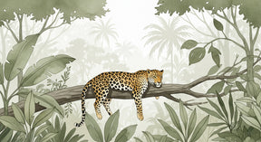 Detailed jungle leopard mural wallpaper design pattern showing peaceful leopard and tropical foliage by Kids-Mundo