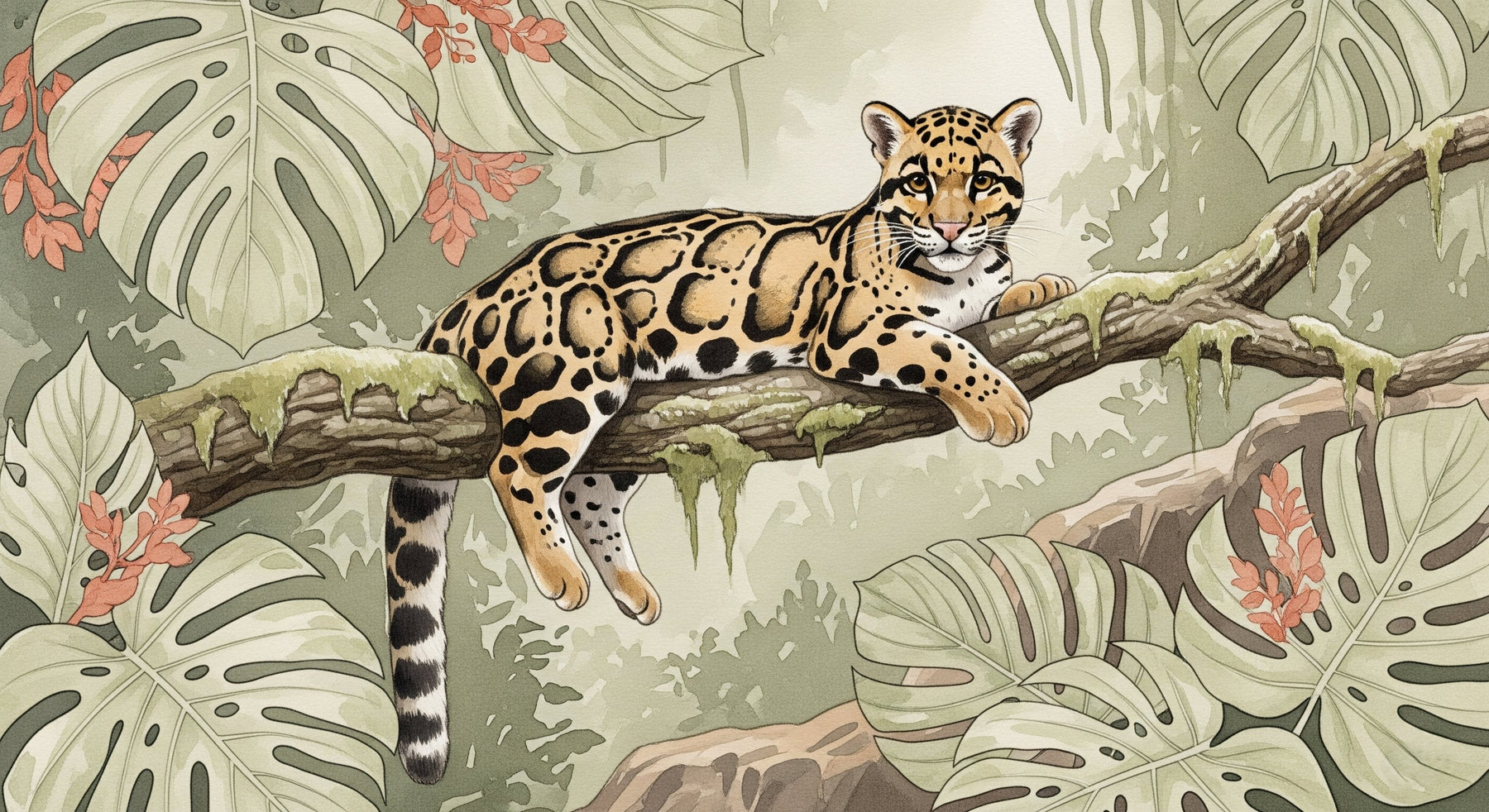 Detailed jungle leopard mural wallpaper design pattern with tropical foliage by Kids-Mundo