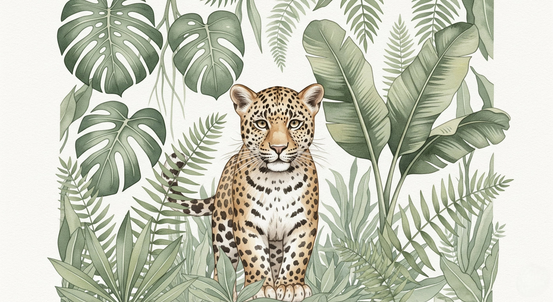 Detailed jungle leopard mural wallpaper design pattern showing tropical foliage by Kids-Mundo